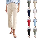 Women Linen Pants Wide Leg Cropped Pants with Raw Hem Casual Straight Leg Chino Pants with Pockets High Waisted Baggy Ankle Pants Loose Dressy Sailor Pants Lightweight Business Work Pants