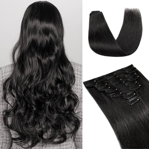 UK-Fashion-Shop Human Hair Extensions Clips in Real Hair Extension 8pcs 18 clips Long Straight Natural 14inch(60g)#1 Jet Black