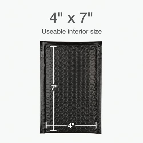 Image of Quality Park Bubble Mailers, 4 x 8 Shipping Envelopes, Self-Seal, Small Black Padded Envelopes, Redi-Strip Peel Off Closure, 50 Per Box (1002352)