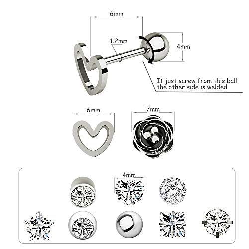 10 Pairs 16G Ear Cartilage Helix Surgical Stainless Steel Cubic Zirconia Stud Cartilage Earrings Huggie Screw Backs Ear Tragus Auricle Cute Love Heart Flower Barbell Piercing Set 4Mm (Silver) #TOP1