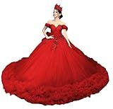 Mauuwy Ruffles Quinceanera Dresses Ball Gown Off Shoulder Beaded Lace Tiered Sweet 16 Vestidos para 15 años quinceañeras Red,Size 0