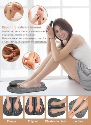 Masseur de Pieds EMS Portable, Tapis Masseur Plantaire Electrique Pliable, 8 Modes 30 Niveaux, Massage Pieds doux et Facile à Nettoyer, pour détendre les muscles, Télécommande, écran LCD – vue 6