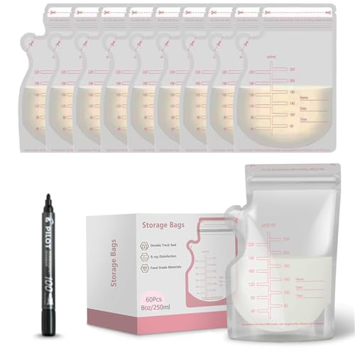 zilSquare Breast Milk Storage Bags 60pcs 8.5 Ounce Easy Pouring and Self Standing Breastmilk Storing Bags Leak Free Double Zipper Seal Hygienic Freezer Safe 250ml Milk Storage Bag