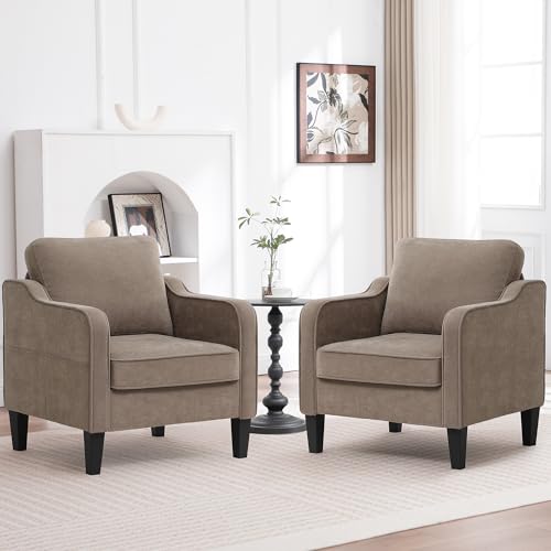 Image of choairy Accent Chairs Set of 2, Upholstered Living Room Chair with Side Pockets, Mid Century Modern Reading Chair for Bedroom, Comfy Armchair Single Sofa Side Chair for Office, Small Room, Brown