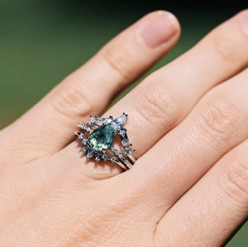 Aquamarise Natural Green Moss Agate Ring 3Pcs Set For Women- 925 Sterling Silver Aquatic Agate Engagement Ring Vintage Handmade Promise Ring Green Gemstone Gift For Her (8.5) #TOP2