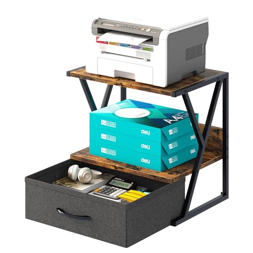 aboxoo Printer Stand for Desk with Storage Drawer, 2 Tier Desktop Or Under Desk Shelf, Multi-Purpose Desks Organizer for Home Office, fit Fax Machine/3D Printer/Scanner, Rustic Brown by aboxoo - Image 9