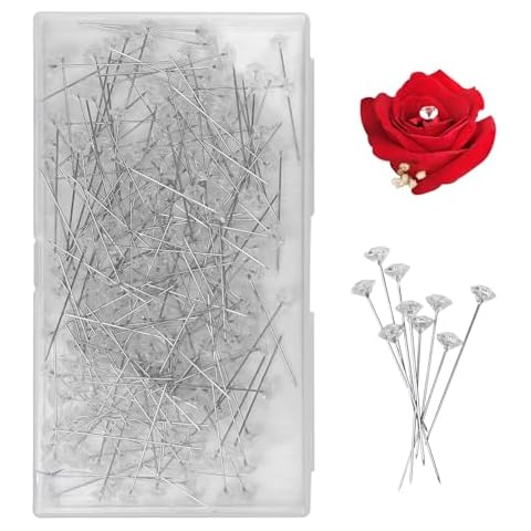 hitsuki 200pcs Diamond Pins for Flower Bouquets, Floral Pins for Wedding Bouquets, Clear Rhinestone Corsage Pins for Flower Accessories, Straight Pins Sewing for DIY Crafts Cover