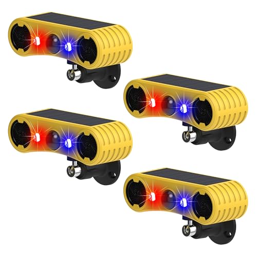 QXMH Allarme sensore di movimento esterno solare - Allarme sonoro per cani che abbaia e spari, 2 * 129dB Loud Noise Maker, 4 modalità, luce stroboscopica attivata dal movimento rosso e blu (4 Pack)