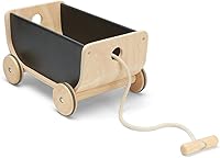 PlanToys Wooden Wagon Black Montessori Pull Toy for Balance Strength Movement Eco-Friendly Indoor Outdoor Play