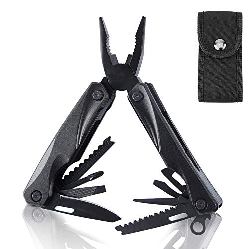 Multitool Knife, 15 in 1 Portable Pocket Foldable Multi Tool with Nylon Sheath, Stainless Steel Plier Multipurpose Handy Gifts for Men Women for Survival Outdoor Camping Hiking (Black)