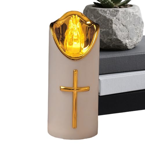 Flameless LED Memorial Candle, Columnar LED Cändle With Gold Cross, Flickering Reutilizable Čandle Light For Cemetery Animal Memorials, Battery Operated Realistic Flame, 1 vela