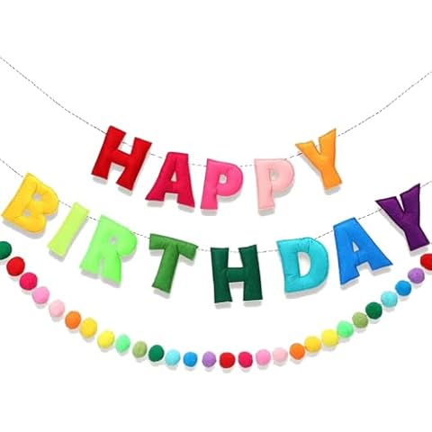 Happy Birthday Banner, Rainbow Color Felt Ball Garland Happy Birthday Garland, Rainbow Birthday Decorations Personalized Happy Birthday Sign for Birthday Decor Party Decor Photo Prop Cover