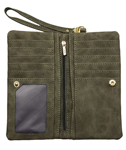 Women's Genuine Leather Zipper Wallet with Large Storage Capacity Multiple Card Slots and Secure Closure (#06 Olive Green)2