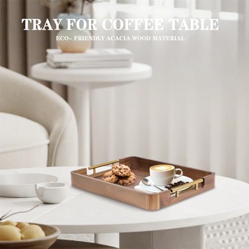 Image of Wooden Serving Tray for Home and Kitchen | Acacia Wood Large Rectangular Tray with Handles for Resturant, Cafe, Breakfast, Multipurpose Organzier | (Food Safe Oil Finish) (Florence)