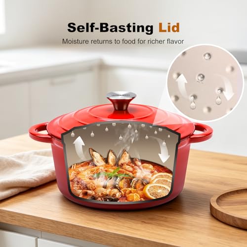WOKINS Enameled Cast Iron Dutch Oven - 5.5QT Pot with Lid,Oven Safe to 500°F,Heavy-Duty Cookware for Sourdough Bread Baking,Braising,Stews,Roasting Red - Thumbnail 4
