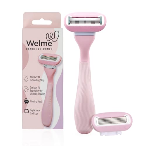 Welme Hair Removal 5 Sweden Steel Blade Razor for Women with Aloe & Vit E Lubricating Strip | Best Reusable Razor for Shaving Private Parts, Face & Pubic Area | Pivoting Head | 1 Extra Cartridge | Contour–fit Technology for Ultimate Shaving | No Bumps, No Cuts | Ideal for All Skin Types (Pink)
