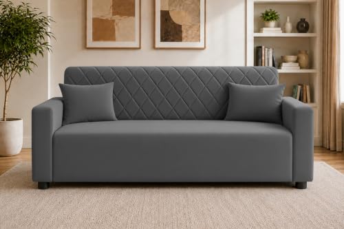 Image of Rosebell 3 Seater Wooden Sofa for Living Room, Modern Fabric Upholstered Sofa with Quilted Backrest, Cushioned Seating, Padded Armrests & Sturdy Wooden Frame - Grey