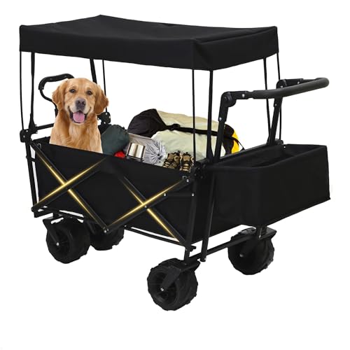 SIMHOMSTOR 200L Collapsible Wagon Cart with Canopy, Heavy Duty Folding Tools Utility Cart with Wheels for Outdoor Camping, Black