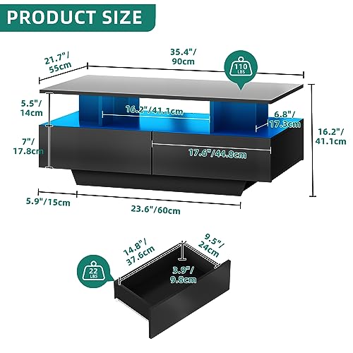 YITAHOME-Couchtisch-Schwarz-Wohnzimmertisch-Hochglanz-mit-16-Farbiger-LED-Beleuchtung-Modern-Beistelltisch-Schwarz-mit-Offenem-Ausstellungsregal-und-4-Ausziehbaren-Schubladen-90x55x411-cm - sparfuchs24.io – Top Angebote, Tests & Preisvergleiche