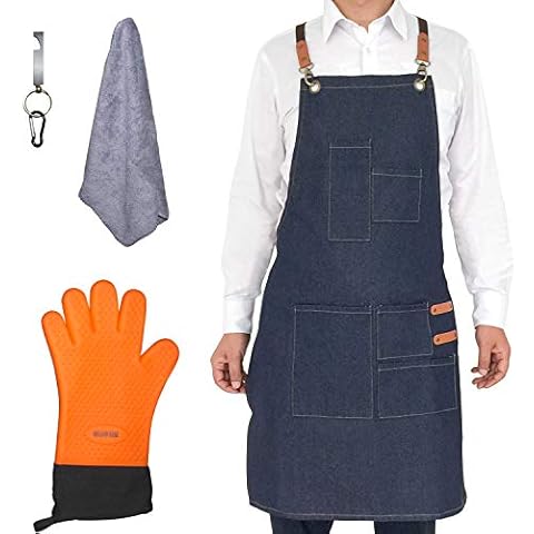 Megawodar Grilling Apron Set Include 1 BBQ Glove,1 Bottle Opener,1 Towel and 1 Demin Apron for Chef Kitchen BBQ Grill, Nice Fathers Day or Dad Birthdays Gifts Cover