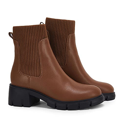 Image of Ruanyu Womens Platform Ankle Boots Elastic Chunky Block Heel Chelsea Booties Lug Sole Non-Slip Combat Shoes