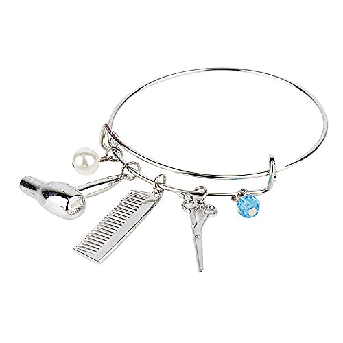 Meiligo Bracelet à breloques tendance pour femme coiffeuse ciseaux peigne styliste bijoux pendentif cheveux coiffeur séchoir bracelet en métal, 5.7 cm, Métal