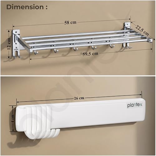 Image of Plantex Folding Towel Rack with Magnetic Hook Rail /Stainless Steel 24 Inch Towel Holder with 5 ABS J-Shape Hooks for Bathroom /Wall Mounted Towel Stand for Clothes - Chrome