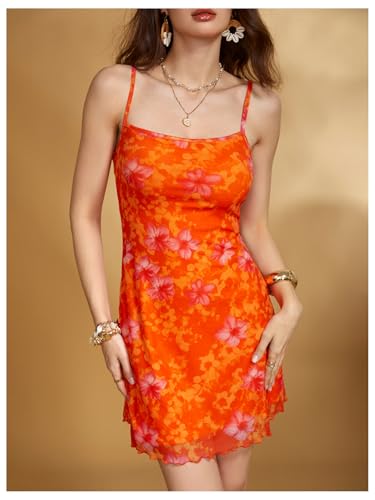 Image of Floerns Women's Summer Spaghetti Strap Cowl Neck Satin Mini Tropical Dress