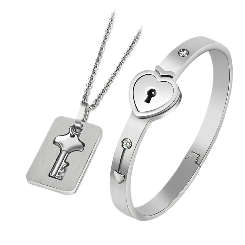 925 Sterling Silver Set of Lock Bracelet and Key Necklace - 14K Yellow Gold Lock Bracelet and Key Pendant Chain Necklaces - Heart Lock and Key Jewelry Merchandise for Women and Men