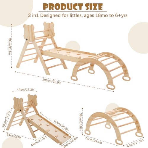 Image of Pikler Triangle Set for Toddlers 7in1 Foldable Climbing Toys for Kids ,Wooden Montessori Climb Set with Arch&Ramp&Ladder Baby Climbing Gym Toys 3+Years