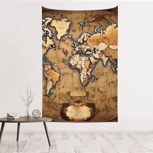 Tapisserie murale ancienne carte du monde en velours pêche 152x101 cm