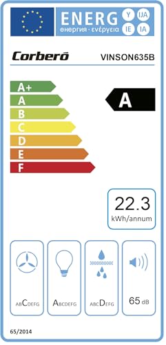 Corberó VINSON635B Dunstabzugshaube, schwarz, 60 cm, Durchflussmenge 350 m³/h, Leistung 65 W, 2 Geschwindigkeiten, Aluminiumfilter 3 Schichten, Kohlefilter, Energieeffizienz B