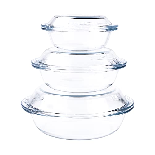 Set Of 3 Round Glass Casserole Dishes, Nesting Glass Baking Dish With Lid, Heat, Cold And Shock Proof, Oven, Freezer And Dishwasher Safe (Set Of 3-0.5L+1L+1.8L) #TOP6