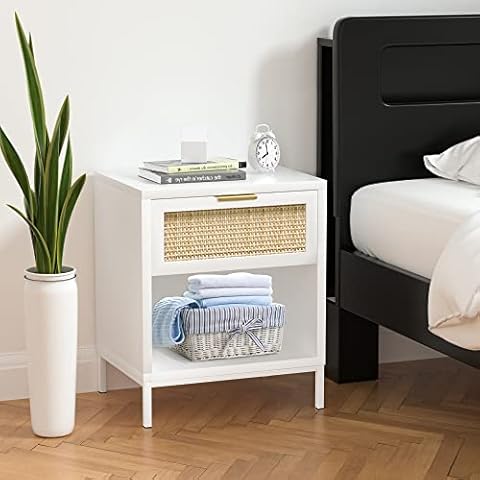 Anmytek White Nightstand with Rattan Decor Drawer, Mid Century Modern End Table with Open Storage, Farmhouse Night Stand, Small Side Table for Bedroom Cover