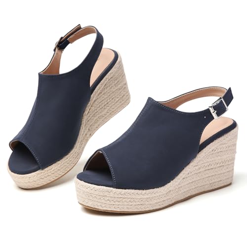 Image of Tilocow Espadrilles Wedges for Women Open Toe Ankle Strap Platform Dressy Casual Sandals Travel Slides