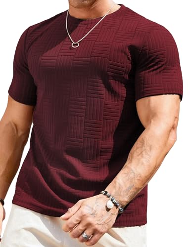JMIERR Men's Casual Textured Crew Neck T-Shirts Lightweigt Gym Sport Tees for Men, US46(XL), Burgundy