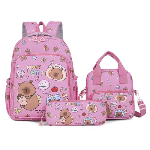 Conjunto de 3 peças/conjunto de mochila capivara para crianças, linda mochila kawaii, com lancheira e estojo de lápis, bolsa de viagem divertida com desenho animado para laptop, rosy|mochilas infantis