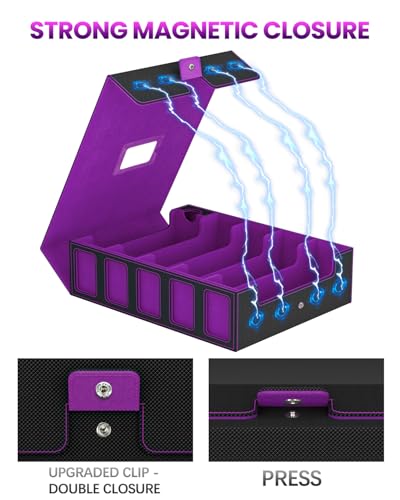 Image of Trading Card Storage Box, 5 Row Card Deck Case with Commander Display & Portable Handle, 4200+ Card Deck Boxes Compatible for MTG TCG Magic Cards, 30 Divider, 8 Supporters, 1 Dice Tray(Black & Purple)