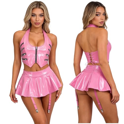 renvena Disfraz de mujer ropa de calle con tirantes, minifalda Gogo, bailarina, cantante, disfraz de escenario, cremallera, Bralette, conjunto de pijama, boda, rosa, M