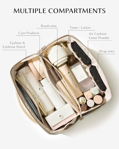 Image of EACHY Travel Makeup Bag, Large Capacity Cosmetic Bag for Women, Waterproof PU Leather, Flat Open Portable Toiletry Bag for Skincare, Brushes & Travel Essentials