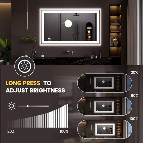 LOAAO 48"X28" LED Bathroom Mirror Black Framed, Anti-Fog, Dimmable, Lighted Bathroom Vanity Mirror for Wall, Memory Function, Tempered Glass