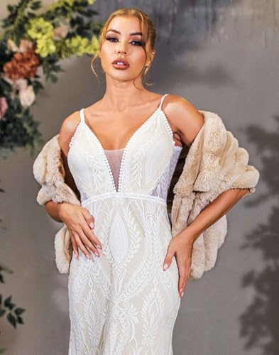 GORAIS Women Wedding Faux Fur Shawl and Wrap Bridal Winter Fur Stole Shrug for Brides and Bridesmaids2