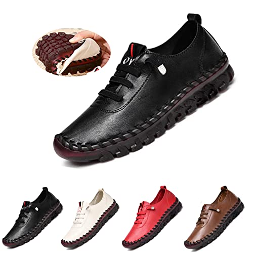 Braised Pork 2023 New Women's Leather Soft Bottom Flat Shoes Handmade Beef Tendon Leisure Set of Feet Breathable Round Head Non-Slip Fall Shoes (Black,41/US 9-9.5)