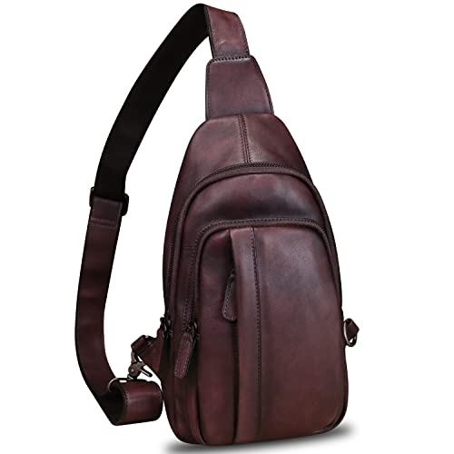 IVTG Genuine Leather Sling Bag Crossbody Casual Hiking Daypack Vintage Handmade Chest Shoulder Backpack Motorcycle Cycling Purses (Coffee)