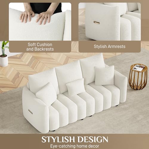 Image of OUYESSIR 81 inch Modern Sofa Couch, Comfy Upholstered Teddy Deep Seat Boucle Sofa, Modern 3-Seater Cloud Couch, Oversized Loveseat for Living Room Office Apartment, Beige White