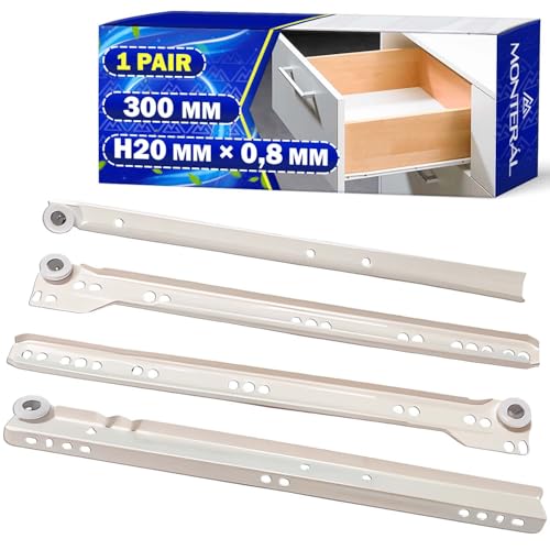 1 Par Guias Correderas para Cajones 300 mm H20 mm x 0,8 mm - Blancas Rieles para Cajones de Rodillos Tienen una Extensión Parcial de 233 mm - Garantía de 10 Años - MONTERAL