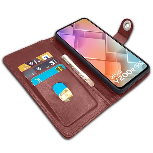 Image of Pikkme Vivo T3 5G / Vivo Y200e 5G Flip Cover Leather Finish | Inside TPU with Card Pockets | Wallet Stand and Shock Proof | Complete Protection Button Flip Case (Brown)