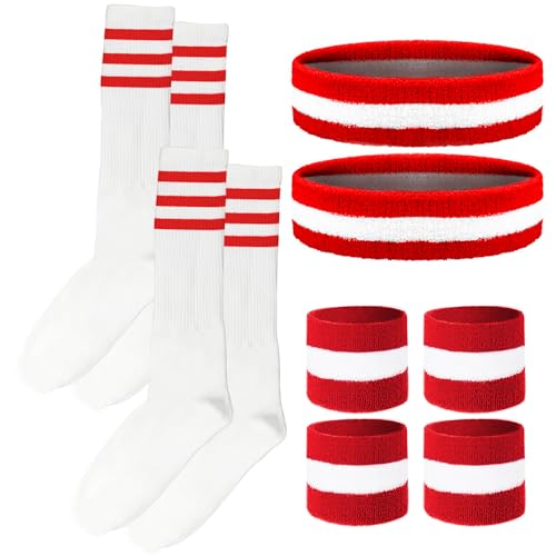 Image of 10 Pieces Striped Sweatbands and Striped Socks Set Headbands Wrist Sweat Bands for Men and Women Sports 80s 90s Fitness