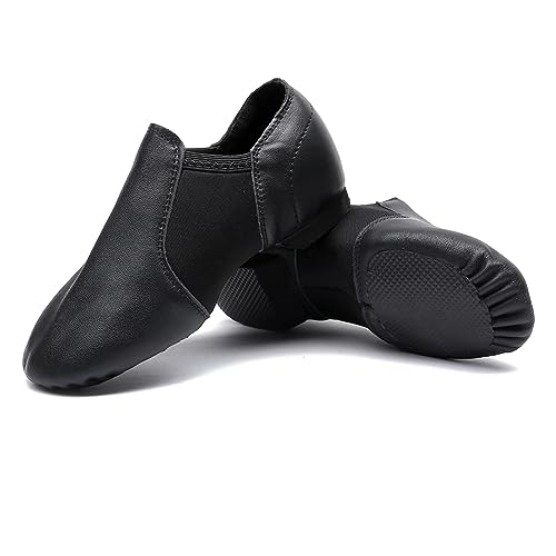 MSMAX Child Slip on Jazz Shoes Leather Dancing Performance Flats Black 1 M US Little Kid