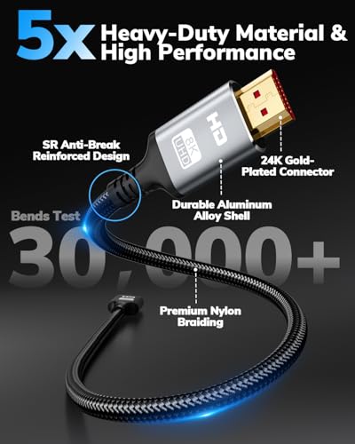 8K HDMI Cable 20FT for Gaming TV Monitor Laptop PS5 Streaming Devices, Braided High Speed 48Gbps Ultra HD Audio Video, 4K/8K/10K Compatible HDMI